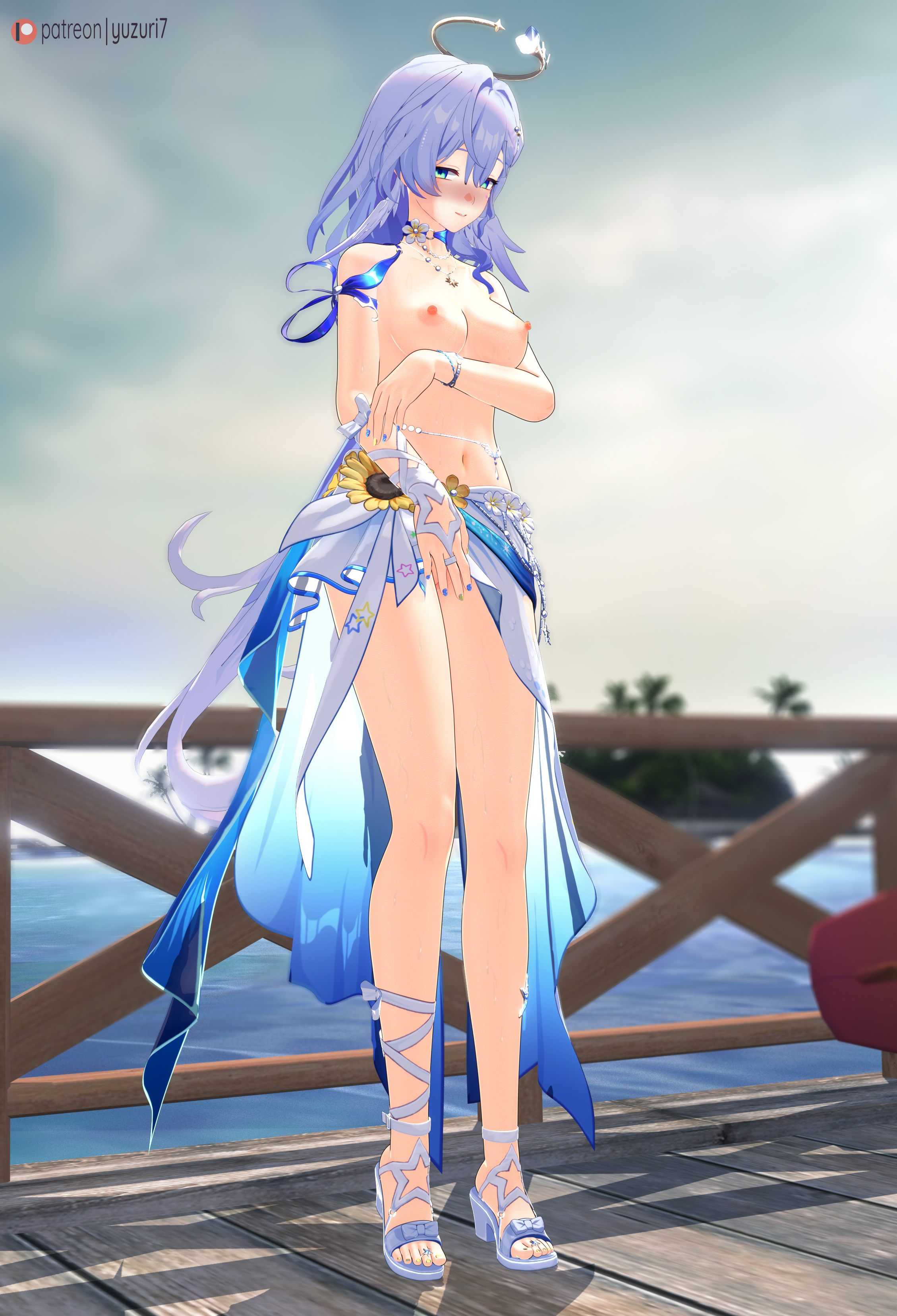 1girls, 3d, 3d (artwork), accessory, bare legs, beach, blender, blue eyes, blush, breasts, embarrassed, embarrassed nude female, exhibitionism, exposed breasts, exposed pussy, feet, female, halo, head wings, hi res, honkai (series), honkai: star rail, looking at viewer, medium breasts, midriff, nipples, no panties, outdoors, painted nails, purple hair, pussy, robin (honkai: star rail), shy, skirt, solo, solo female, standing, swimsuit, thighs, toes, topless, visible pussy, yuzuri7