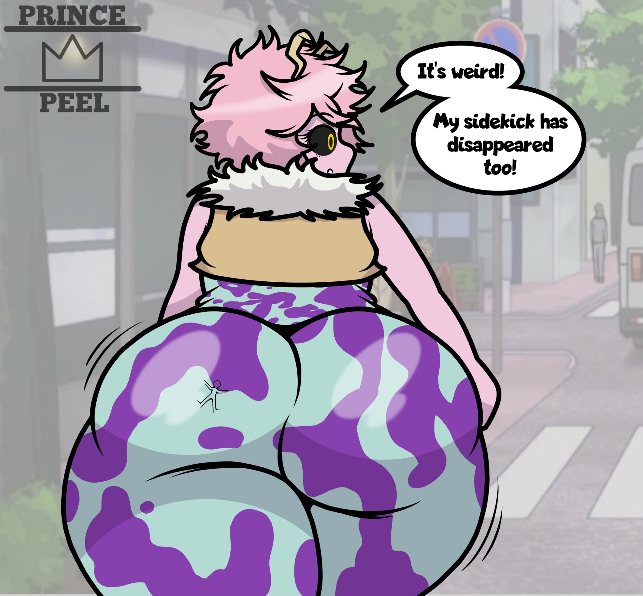 1girls, ass, ass focus, back view, boku no hero academia, breasts, butt, dialogue, female, female only, giantess, gigantic ass, hero outfit (mha), large breasts, larger female, micro, mina ashido, my hero academia, pink hair, pink skin, princepeel, searching, size difference, tight clothing, tiny, trapped in butt, trapped in clothing, unaware, unaware buttcrush, unaware giantess, wobbling ass