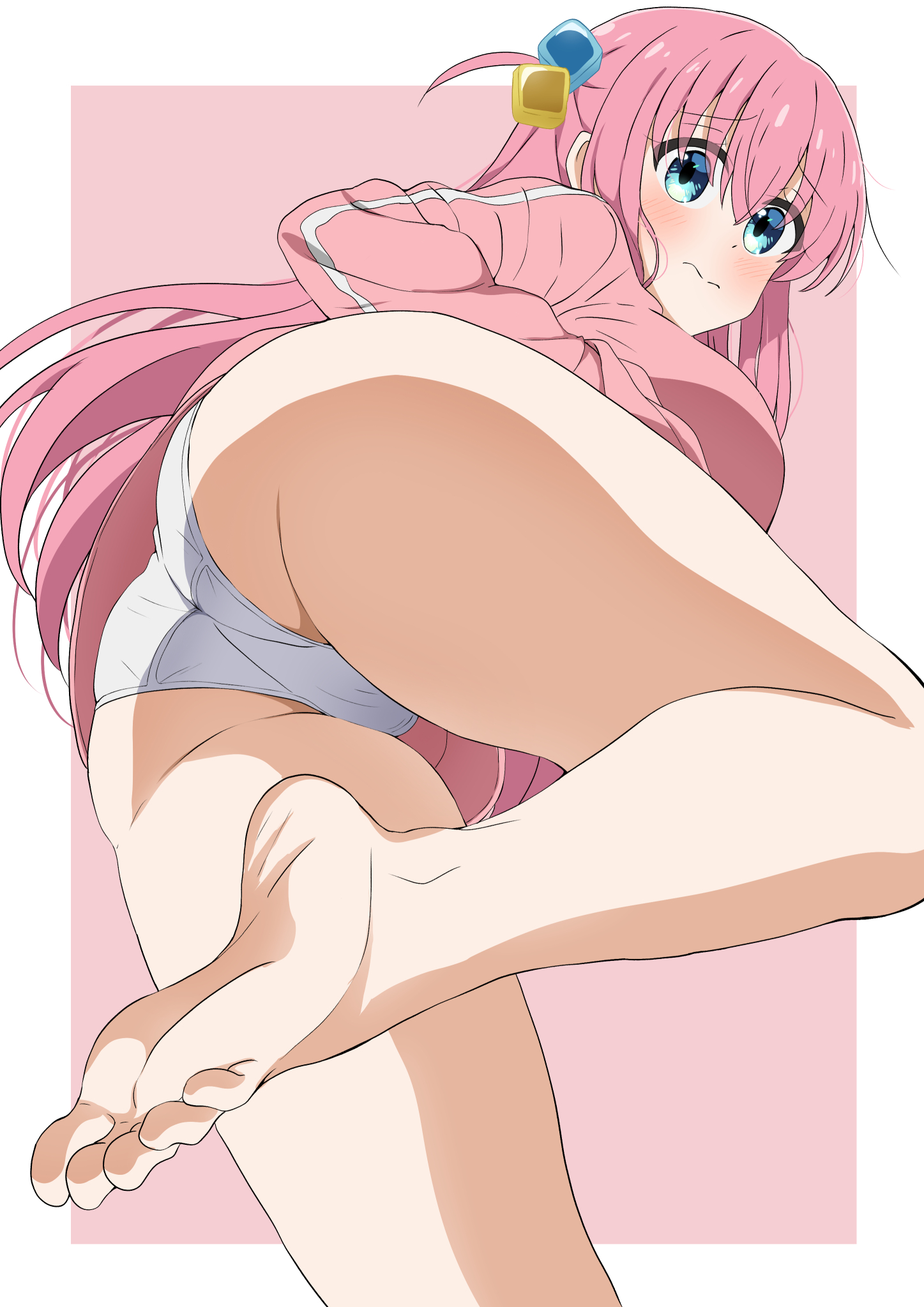 1girl, ass, barefoot, blue eyes, blush, bocchi the rock!, feet, gotou hitori, highres, jacket, large ass, long hair, looking at viewer, panties, pink hair, soles, toes, track jacket, underwear