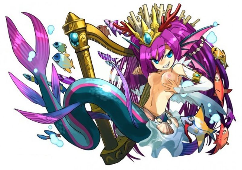 1girls breasts female harp mermaid purple_hair puzzle_and_dragons siren_(p&d) solo solo_female tagme topless white_background