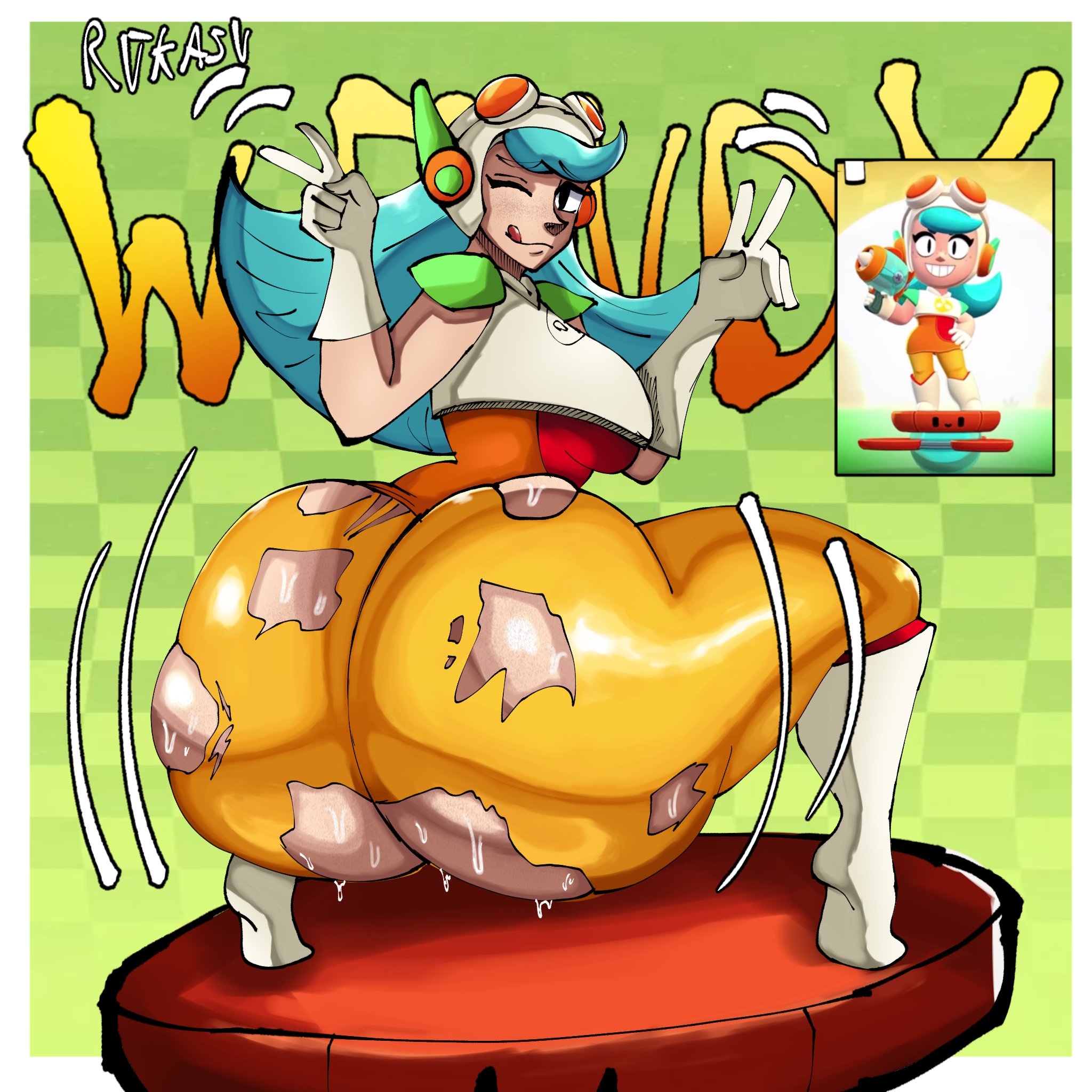 ass, ass bigger than head, ass focus, big ass, big breasts, brawl stars, breasts, cyan hair, female only, gigantic ass, looking at viewer, ripped clothing, rukasu77, sideboob, solo, solo female, squatting, supercell, sweaty ass, tagme, tounge out, wendy (brawl stars), winking at viewer