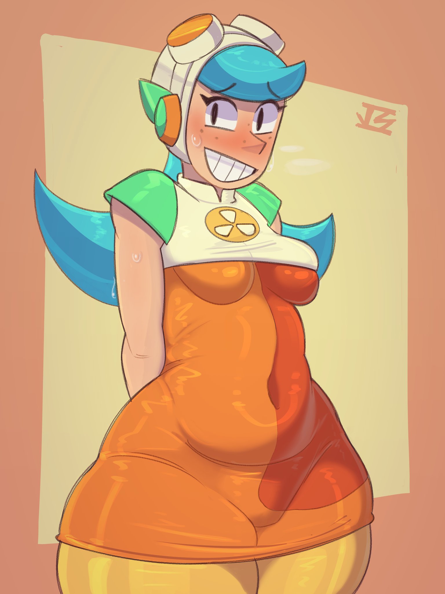 aqua hair, brawl stars, breasts, cyan hair, jams draws, looking at viewer, medium breasts, nervous, nervous smile, smiling, solo, solo female, steam, stomach bulge, supercell, tagme, teeth, thick thighs, tight clothes, tight clothing, wendy (brawl stars)