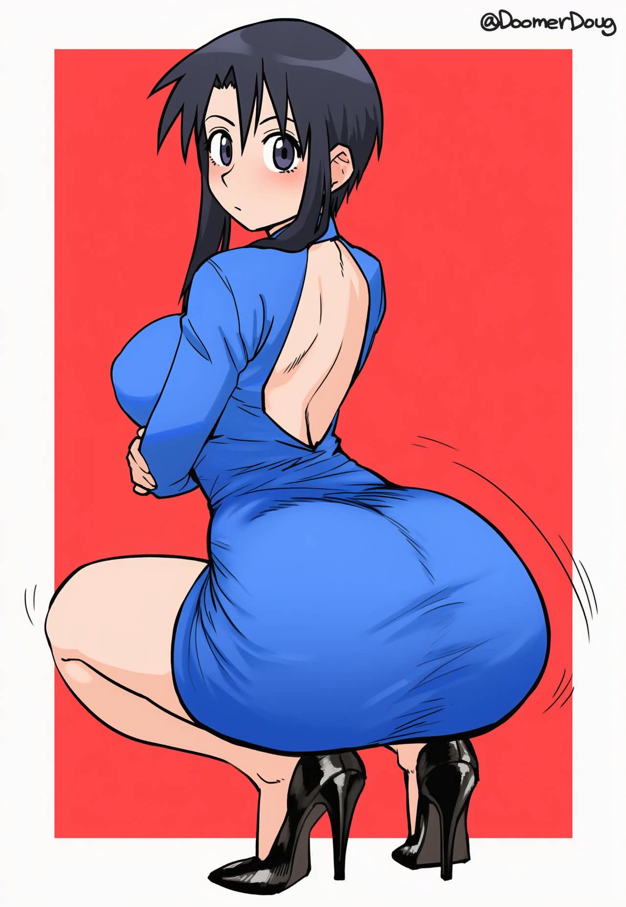 1girls, artist name, ass, ass focus, ass shake, azumanga daiou, back, back view, big breasts, black eyes, black hair, black heels, blue dress, breasts, doomerdoug, dress, high heels, light-skinned female, looking back, nyamo minamo kurosawa, red background, simple background, squatting, thighs, twerk, twerking, white background