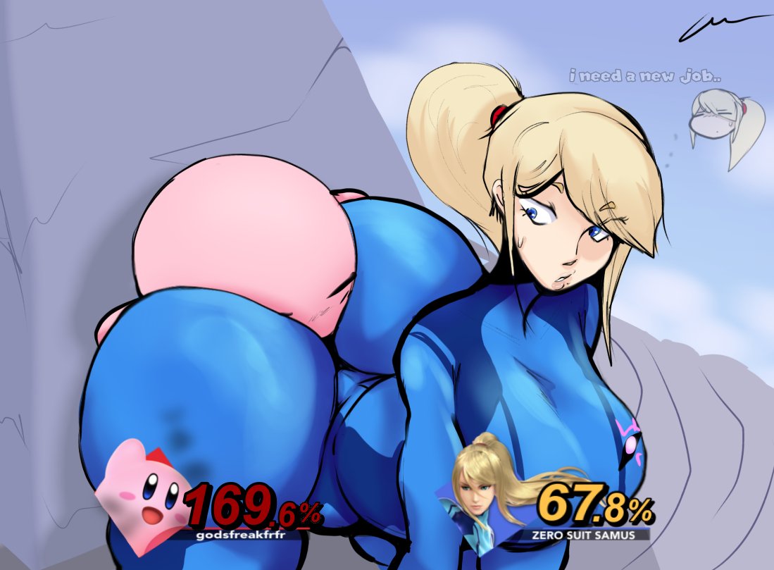 1boy1girl, 1girl1boy, 1girls, ass, big ass, bottom heavy, bubble ass, bubble butt, dumptruck ass, face in ass, face smothering, facesitting, fat ass, giygal, huge ass, kirby, kirby (series), looking back, metroid, nintendo, samus aran, smothering, super smash bros., super smash bros. ultimate, zero suit samus