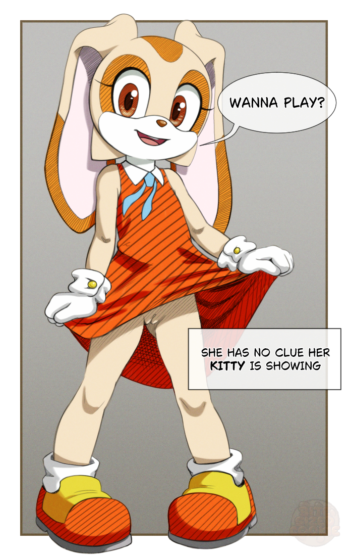 1girl, bitesizedcookie, clothes lift, clueless, cream the rabbit, cub, dress, dress lift, english text, furry, looking at viewer, pussy, sega, shoes, simple background, smile, solo, sonic (series), standing