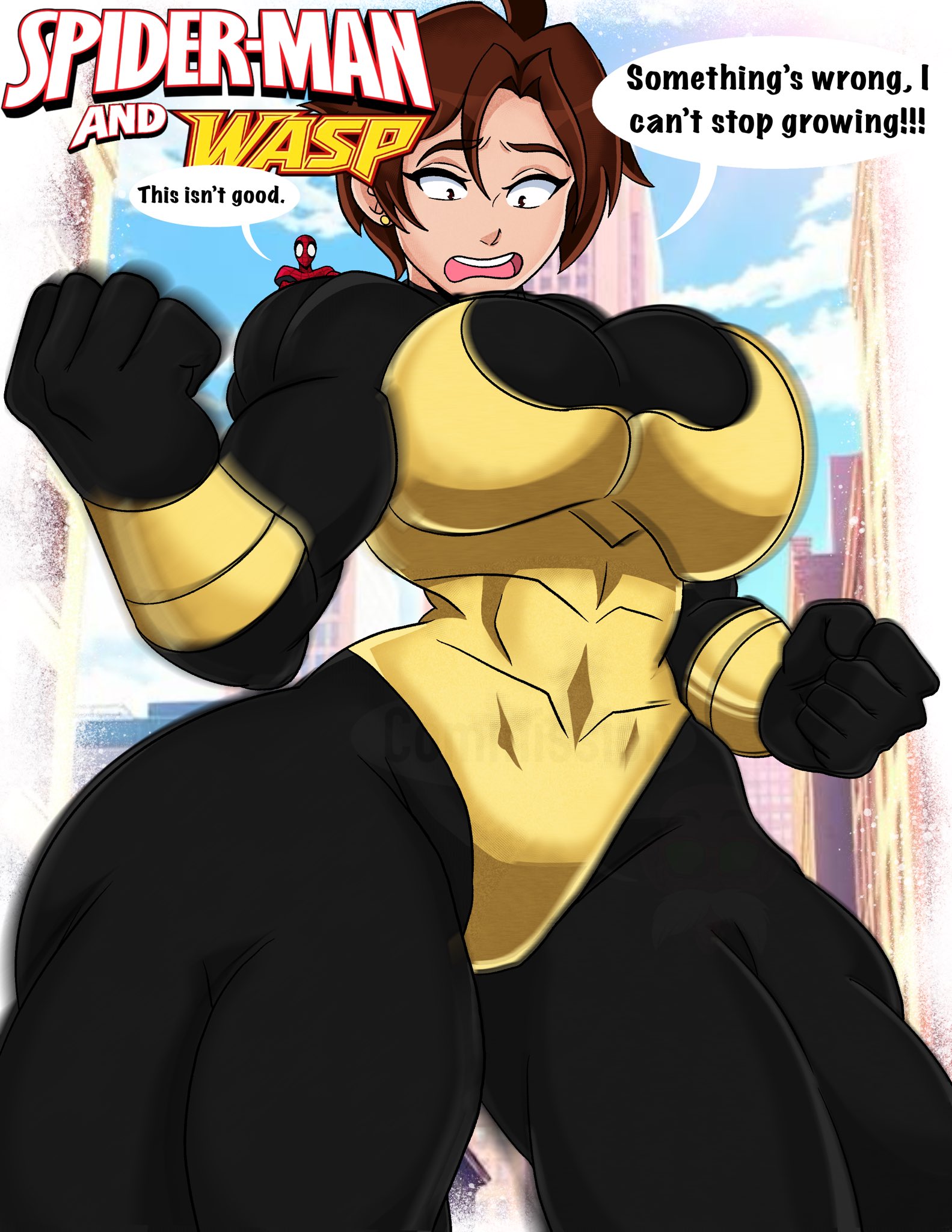 bigger female, breast expansion, city background, giantess, giantess growth, gigantification, growing, growth, huge breasts, huge thighs, inchhighjedi, janet van dyne, larger female, macro female, marvel, muscle growth, muscular female, muscular thighs, peter parker, spider-man, thick thighs, tight clothing, wasp (marvel)