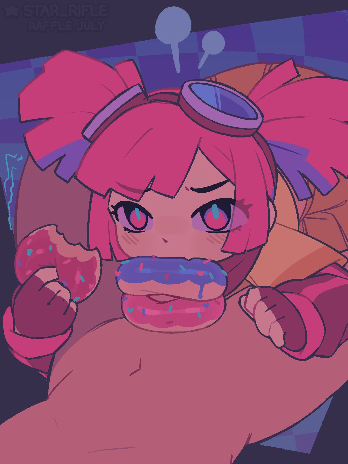 blowjob, buro (muse dash), comic, doughnut, doughnut on penis, eating food, food, goggles, goggles on head, looking at partner, muse dash, oral, penis, pigtails, pink hair, scarf, star rifle, sucking penis