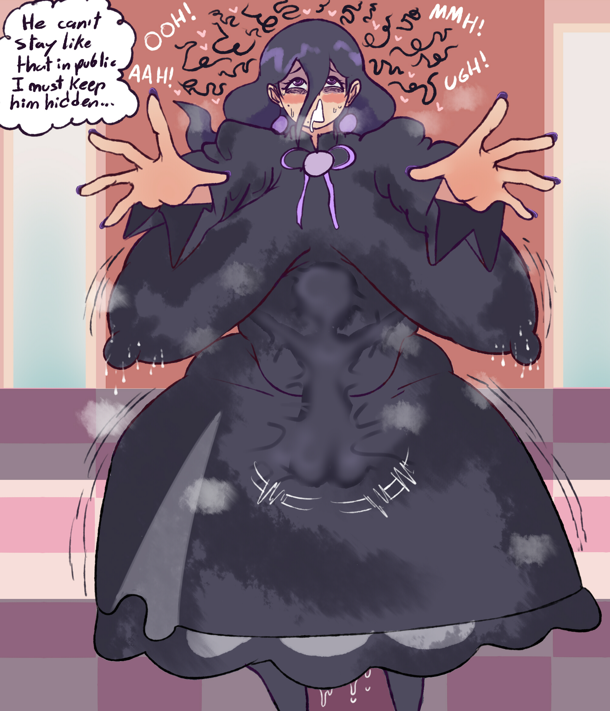 1boy, 1girls, allister (pokemon), big breasts, blush, blushing, clothing entrapment, english text, eyes rolling back, game freak, gym leader, hex maniac, hex maniac (pokemon legends: z-a), hidden sex, hiding in dress, hunkhanks, milf, moaning, moaning in pleasure, nintendo, npc trainer, occult maniac, occult maniac (pokemon legends: z-a), occult maniac (pokemon), occult maniac (z-a), onion (pokemon), pokemon, pokemon legends: z-a, pokemon ss, pokemon swsh, sex, stealth sex, under clothes