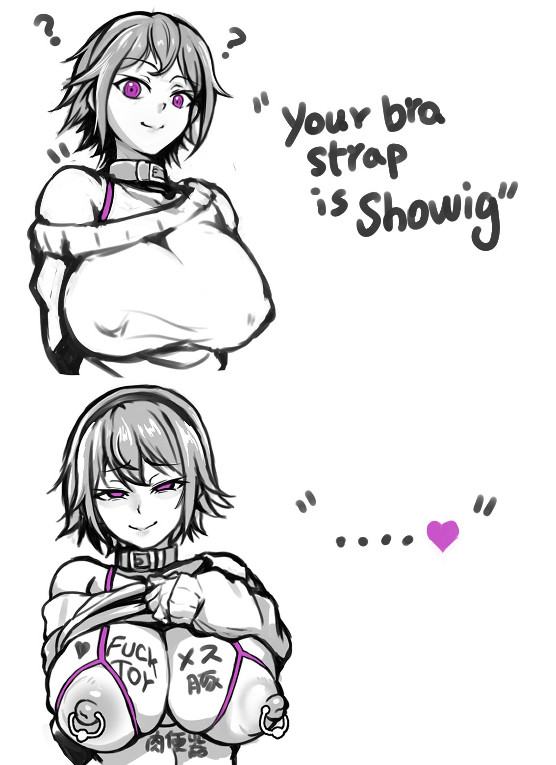 1500sumire, 1girls, 2026, 2koma, body writing, bust, collar, meme, monochrome, nipple piercing, open bra, piercing, pink eyes, question mark, short hair, suggestive look, your bra strap is showing (meme)