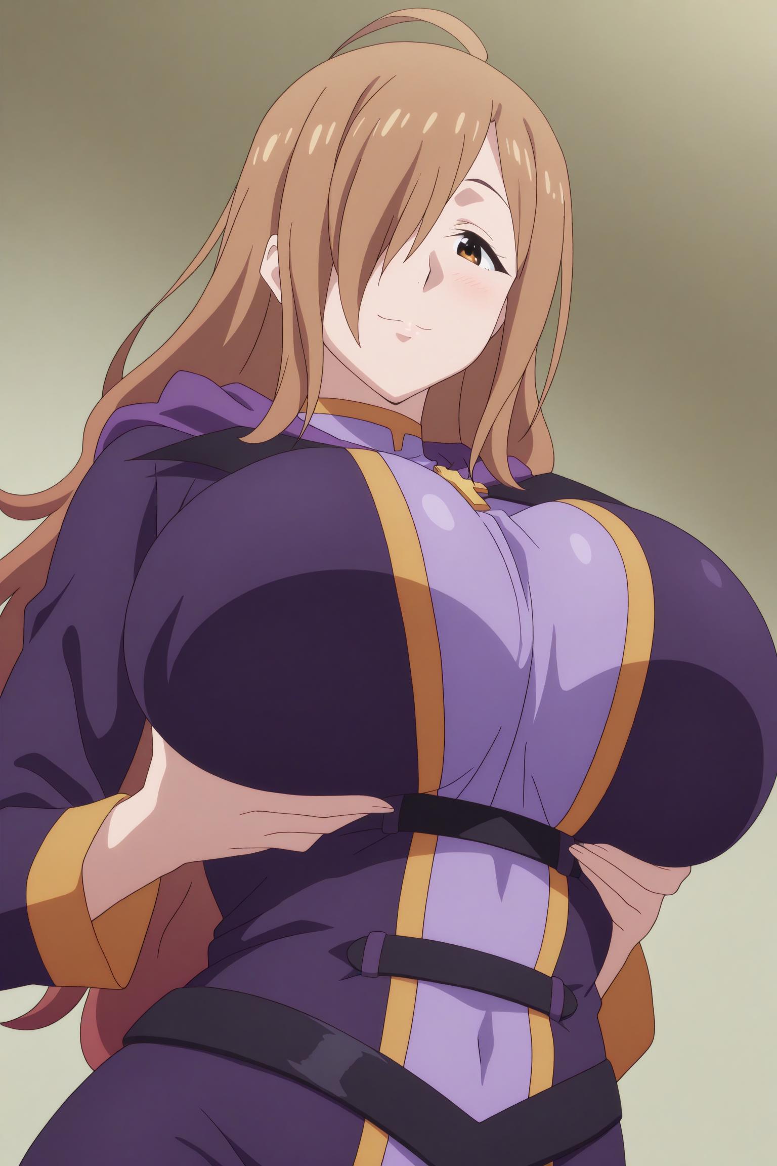 1female, 1girl, 1girls, 2026, ahoge, ai generated, big ass, big breasts, blush, breast lift, breasts, brown eyes, brown hair, closed mouth, covered navel, curvy, explicit, general, hair over one eye, hi res, high quality, high resolution, highres, huge ass, huge breasts, kono subarashii sekai ni shukufuku wo!, konosuba, large breasts, long hair, long sleeves, looking at viewer, questionable, robe, sensitive, smile, solo, unjobdespiert, wiz (konosuba)