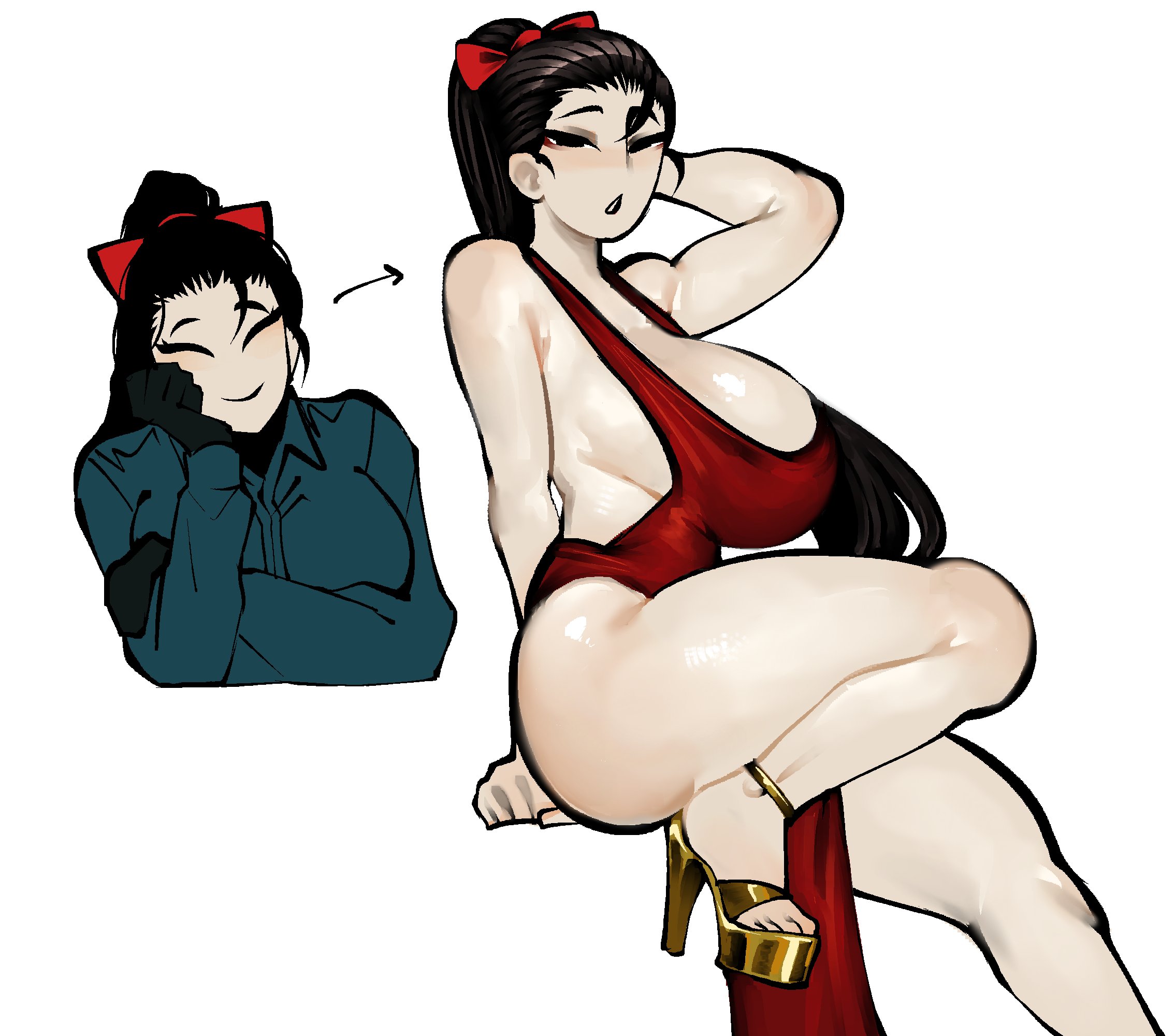 1female, 1girl, 2d, big boobs, big breasts, big butt, big thighs, boob window, boobs bigger than head, eclipseecliptus, female, female focus, female only, golden heels, image, limbus company, project moon, red dress, saude (limbus company), sideview, tagme, thick, thick ass, thick butt, thick female, thick hips, thick legs, thick thighs, voluptuous, voluptuous body, voluptuous female