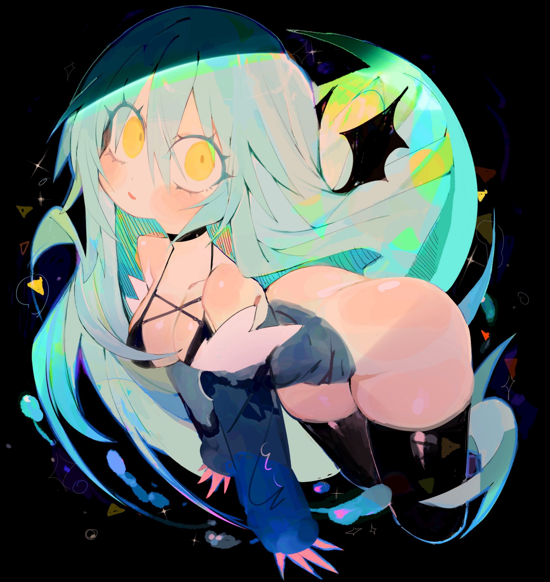 1girls, ass, big breasts, bikini top, black background, blue hair, boobs, jacket on shoulders, light-skinned female, long hair, rimuru tempest, solo, solo female, tensei shitara slime datta ken, thighhighs, thighs, usa37107692, yellow eyes