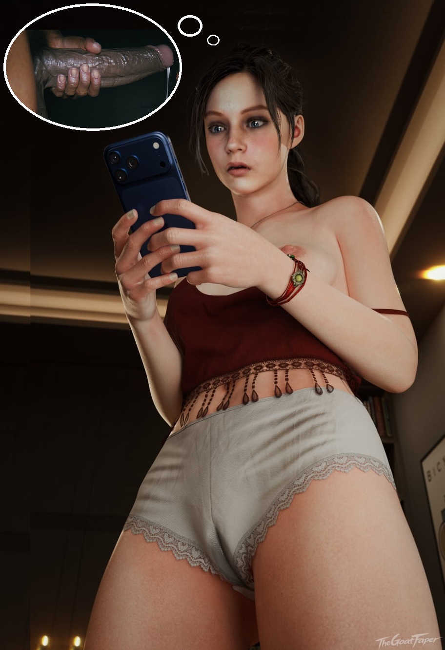 1boy, 1girls, 3d, big penis, blender, blue eyes, breasts, brown hair, cameltoe, cellphone, claire redfield, claire redfield (jordan mcewen), clothing, dark skin, dark-skinned male, dripping, dripping cum, edit, edited, edited art, electronics, female, huge penis, human, light skin, light-skinned female, looking at penis, male, ordinal3dx, pale skin, penis, penis awe, petite, petite body, petite female, phone, resident evil, resident evil 2, resident evil 2 remake, sexting, thegoatfaper, unseen male face, watermark, wet panties, wet pussy, wristwear