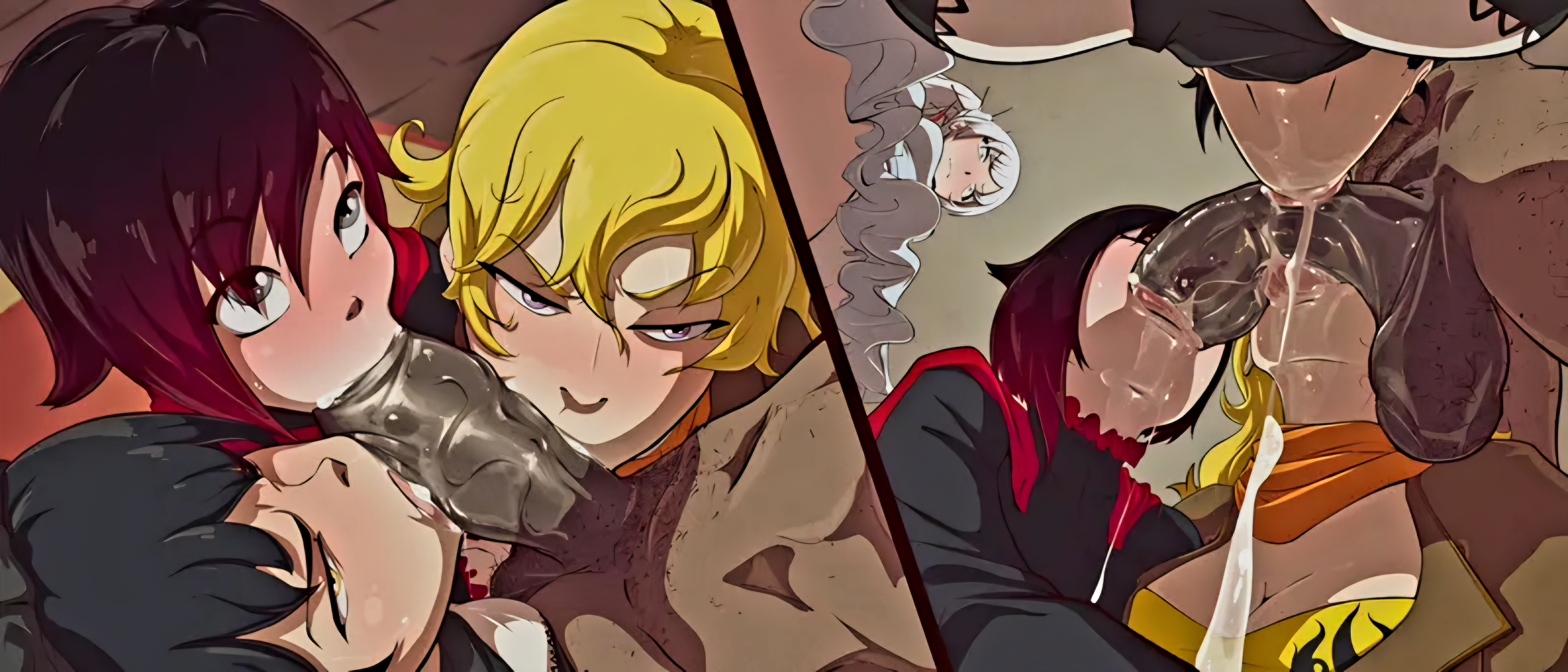 1boy, 4girls, absurdres, angry expression, angry fellatio, anonymous male, assisted fellatio, big penis, black hair, blake belladonna, blonde hair, blue eyes, blush, bow, cat ears, cat girl, catgirl, caught, caught in the act, cock hungry, cock worship, collaborative fellatio, commentary, cooperative fellatio, cum, cum drip, cum dripping, cum dripping from mouth, cum dripping from penis, cum in mouth, cum inside, dark skin, dark-skinned male, dialogue, english, english commentary, english text, faceless male, faunus, fellatio, from behind, glaring, grey eyes, half-closed eyes, highres, huge cock, kiryu artwork, kiryu-sketchbook, large penis, light-skinned female, long hair, looking at another, looking at partner, looking up, monster girl, multiple girls, narrowed eyes, oral, oral sex, penis, penis in mouth, penis worship, pubic hair, purple eyes, red hair, rooster teeth, ruby rose, rwby, sex, short hair, silver eyes, simple background, sloppy, sloppy blowjob, spit trail, sucking dick, sucking off, sucking penis, sucking tip, team rwby, teamwork (sexual), text, uncensored, viz media, weiss schnee, white hair, yang xiao long, yellow eyes, yellow hair