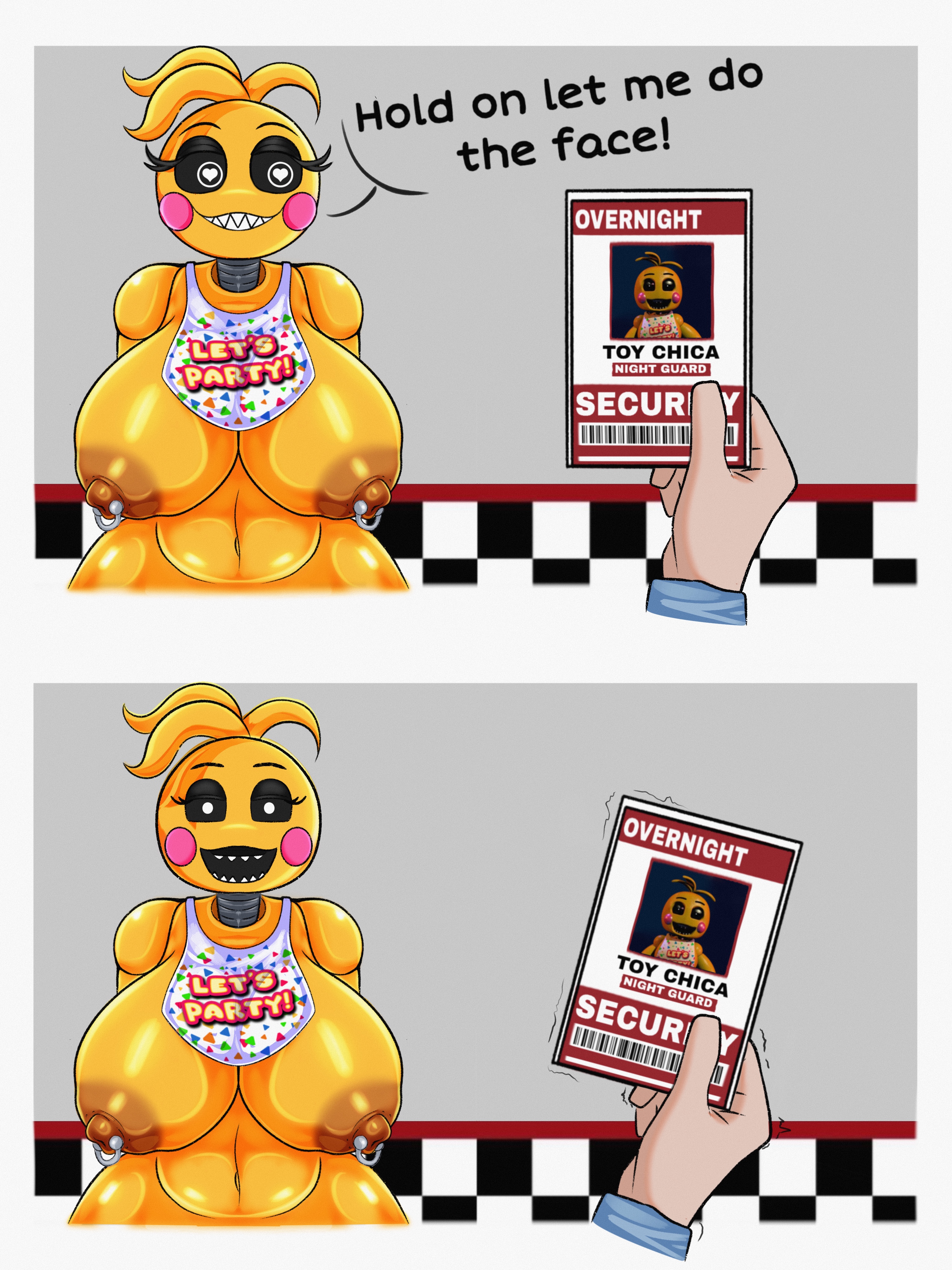 1boy, 1girls, absurd res, animatronic, anthro, areola, avian, beakless, belly, big breasts, bird, breasts, brown areola, chicken, clothing, creepy face, dialogue, digital media (artwork), duo, english text, female, five nights at freddy's, five nights at freddy's 2, galliform, glistening, hair, hi res, hold on let me do the face (meme), huge breasts, human, id card, looking at viewer, lovetaste chica, machine, male, mammal, meme, mostly nude, nipple piercing, nipples, nude, open mouth, phasianid, piercing, puffy areola, puffy nipples, robot, scottgames, sharp teeth, simple background, slightly chubby, smile, teeth, text, thick thighs, toy chica (fnaf), vexter arts, wide hips, yellow body