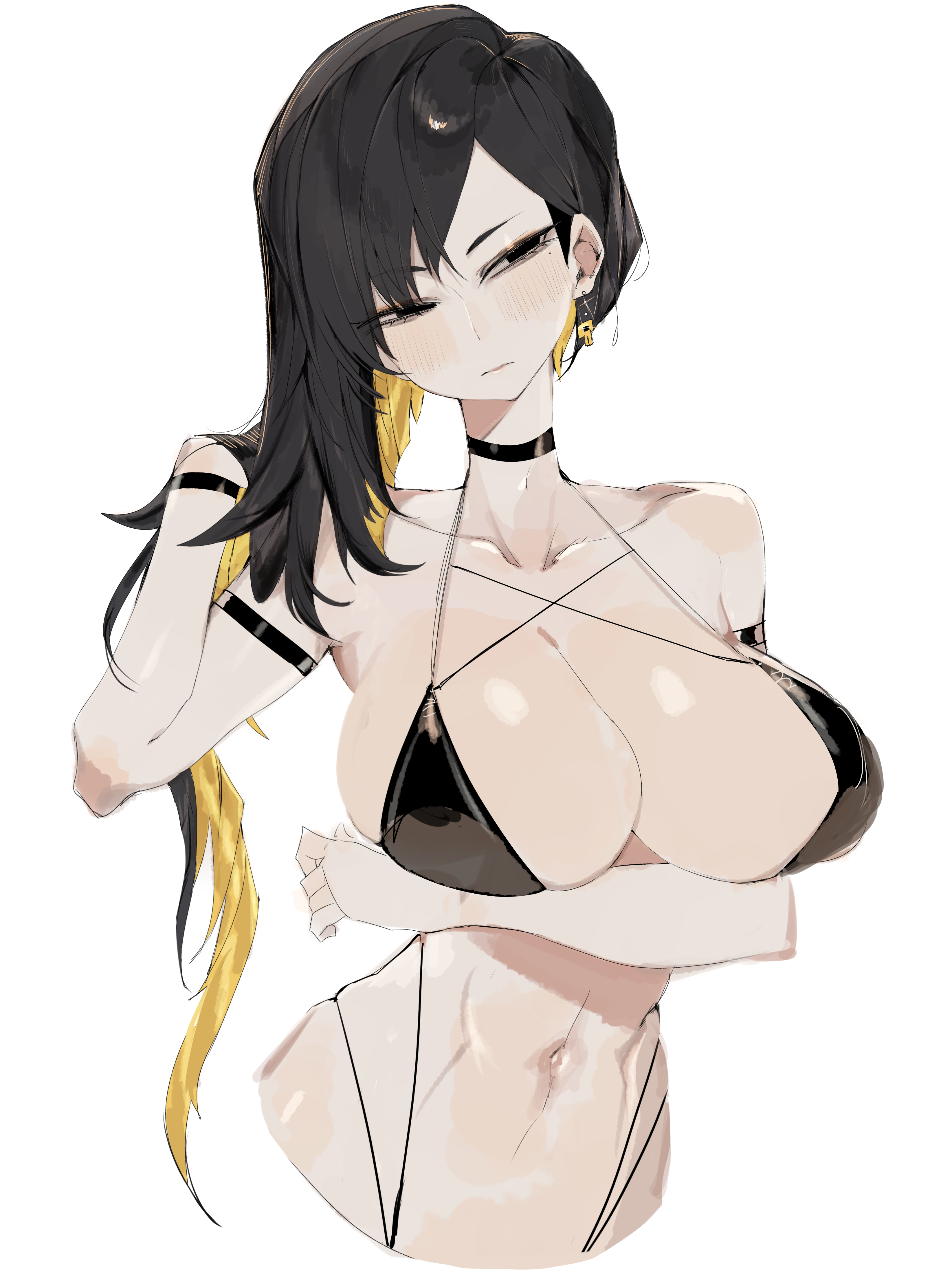 1girls, big breasts, bikini, binah, black hair, boobs, collar, earring, huge breasts, library of ruina, lobotomy corporation, long hair, mole under eye, pale-skinned female, project moon, solo, solo female, usa37107692, white background, white body, white skin