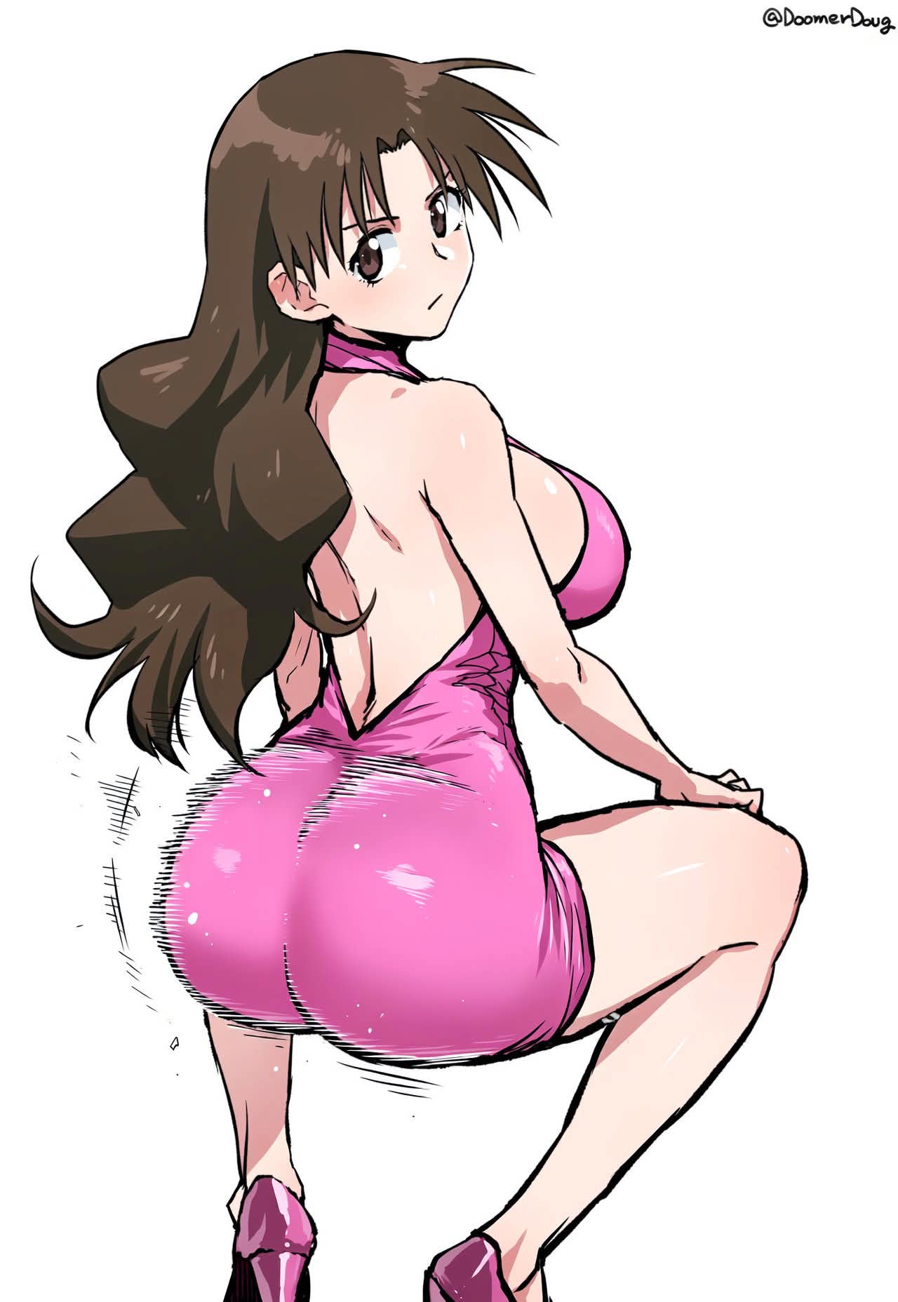 1girls, artist name, ass, ass focus, ass in dress, ass shake, azumanga daiou, back, back view, big breasts, breasts, brown eyes, brown hair, doomerdoug, dress, high heels, light skin, light-skinned female, looking back, pink dress, pink heels, simple background, solo, squatting, thighs, twerk, twerking, white background, yukari tanizaki