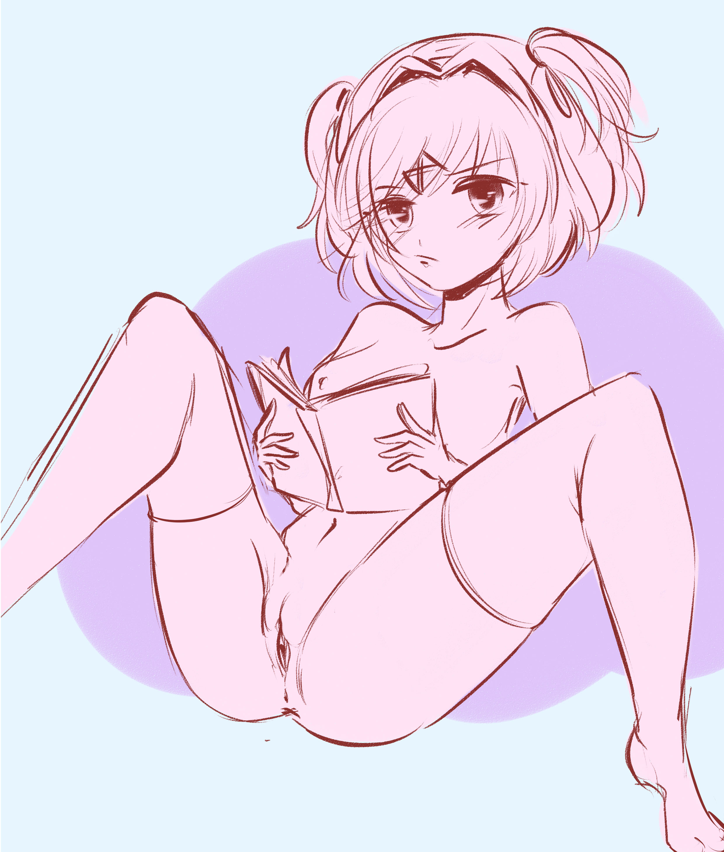 anus, ass, asshole, blush, blushing, book, bottomless, doki doki literature club, female, female only, hair tie, hair ties, hairtie, legs spread, looking at viewer, natsuki (doki doki literature club), pastelandsins, pigtails, presenting, pussy, reading, simple background, socks, solo, solo focus, spread legs, spread pussy, thigh highs, thighhighs, topless, uncensored, vagina, young