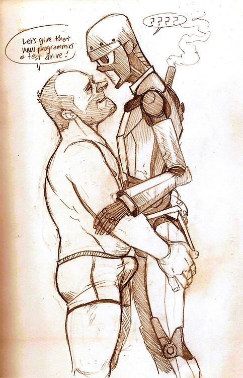 2boys balding bulge engineer engineer_(team_fortress_2) erection_under_clothes facial_hair half-closed_eyes hand_on_arm hand_on_back hands_on_hips inviting_to_sex looking_at_another male male_only multiple_males prawnsy robot spy_(team_fortress_2) spy_robot tagme team_fortress_2 topless underwear_only valve yaoi