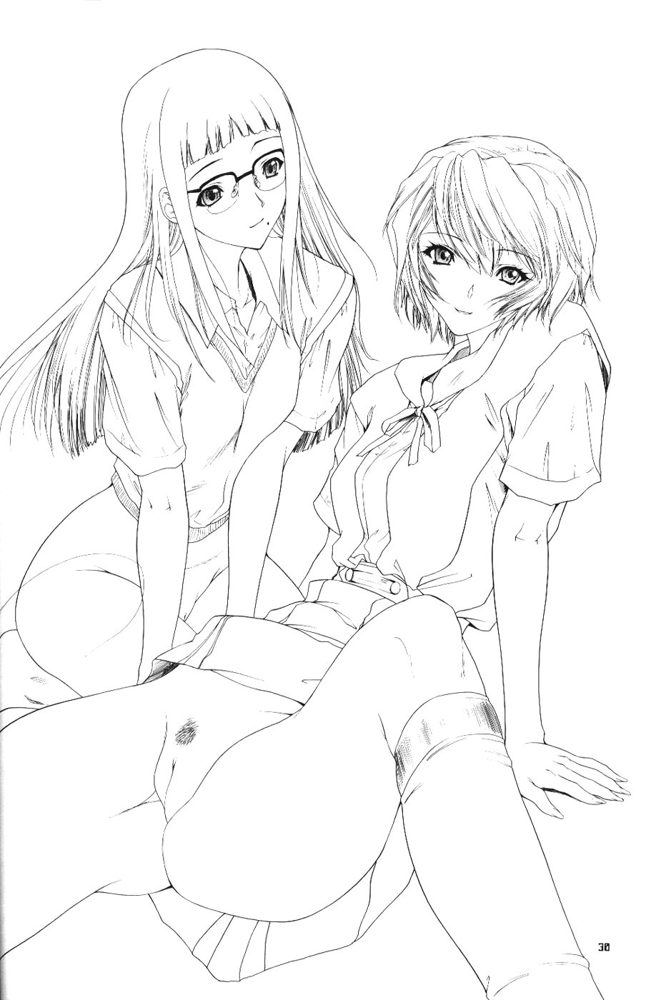 2girls black_hair bottomless breasts clothing female glasses greyscale human long_hair mayumi_yamagishi mole mole_under_mouth monochrome multiple_girls neon_genesis_evangelion no_panties no_pants pubic_hair rei_ayanami school_uniform short_hair skirt thick_thighs