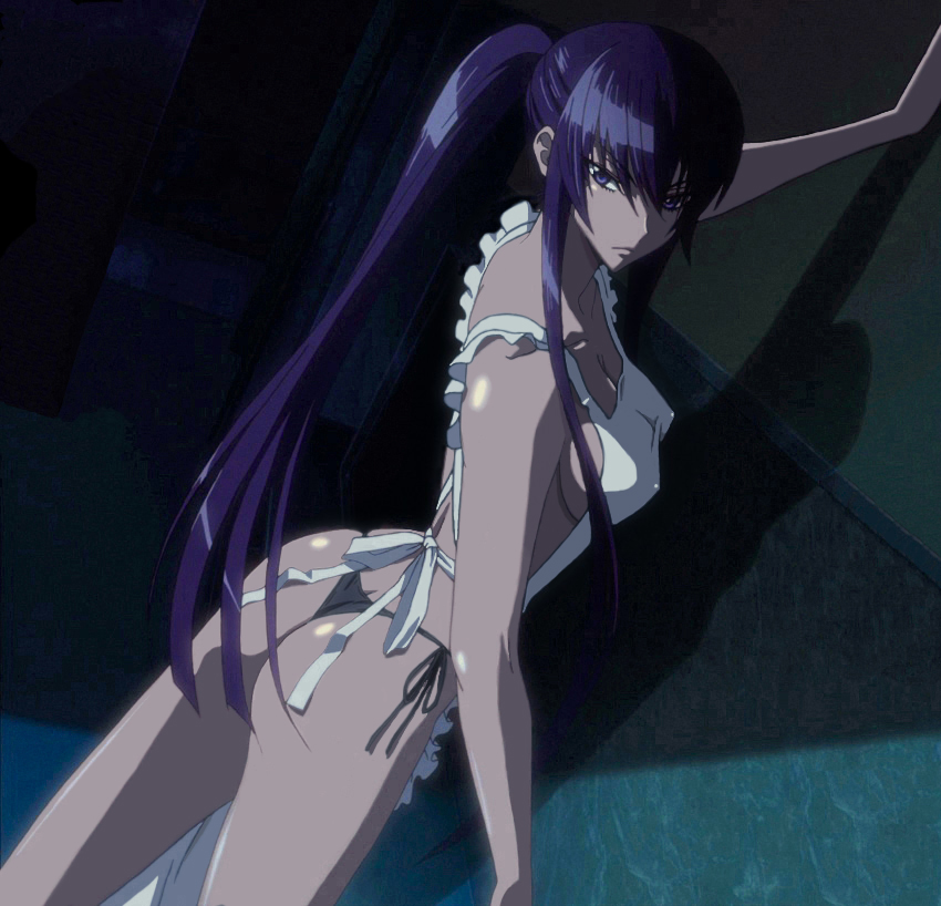 apron, ass, black panties, female, frown, highschool of the dead, long hair, long ponytail, looking at viewer, looking back, nipples, ponytail, purple hair, saeko busujima, screencap, side-tie panties