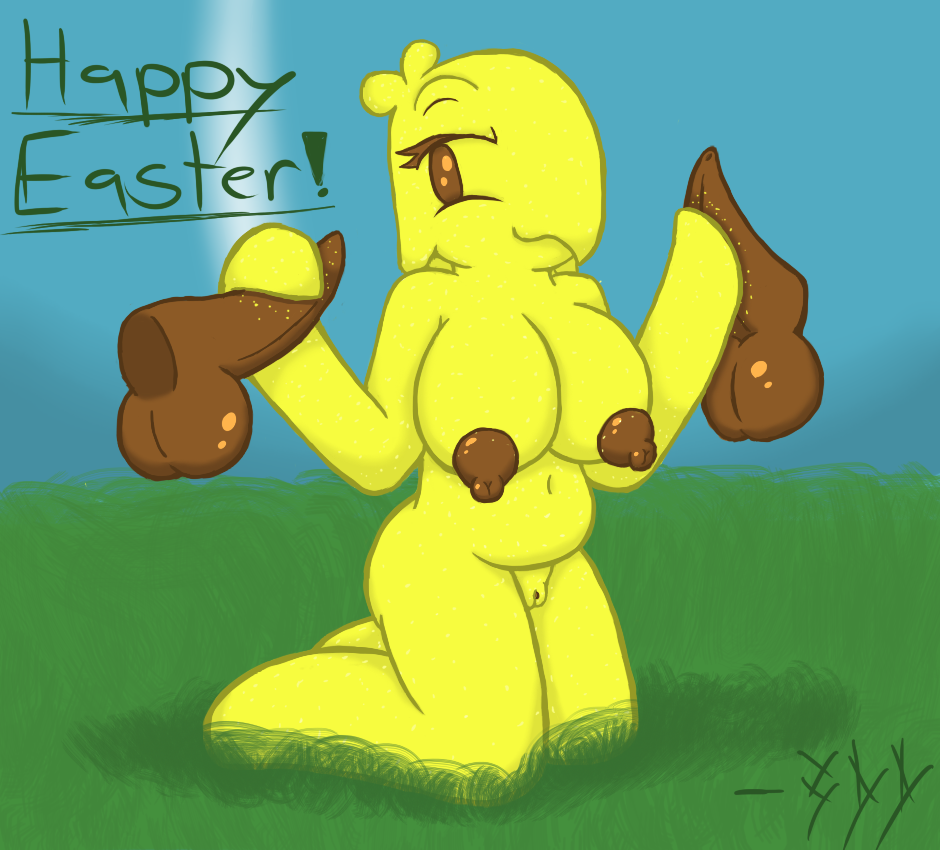 1girls 2boys 3dd anthro areolae belly breasts brown_eyes easter food handjob huge_breasts inverted_nipples large_penis large_testicles nipples nude peeps penis puffy_nipples pussy smile testicles text threesome yellow_skin