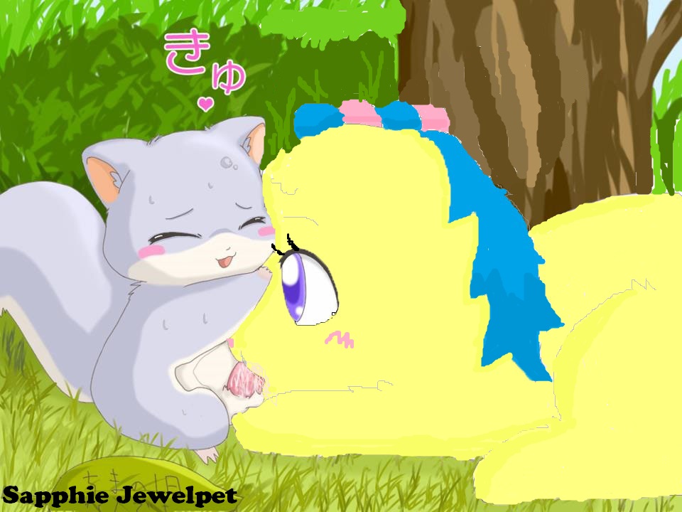 1boy 1girls anthro cum cum_in_pussy cum_inside duo female furry japanese_text jewelpet jewelpet_(species) male outdoors penis sapphie_(jewelpet) sex size_difference squirrel text titana_(jewelpet)