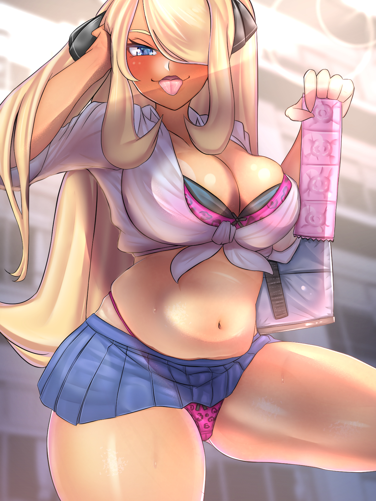 1girls, alternate breast size, big breasts, bimbo, blonde hair, bra, breasts, condom packet strip, cynthia (pokemon), eye contact, female, gyaru, hair ornament, large breasts, long hair, looking at viewer, miniskirt, nintendo, pokemon, pokemon dppt, shirosuke115, skirt, tan skin, tanline, thick thighs, thighs, thong, tongue, tongue out