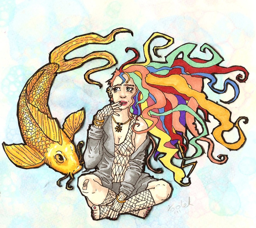 artist_request bandaid barefoot breasts clothed dc delirium_of_the_endless female_only fish fishnet_legwear fishnet_shirt fishnets jewelry multicolored_hair nail_polish nipples the_sandman vertigo_comics