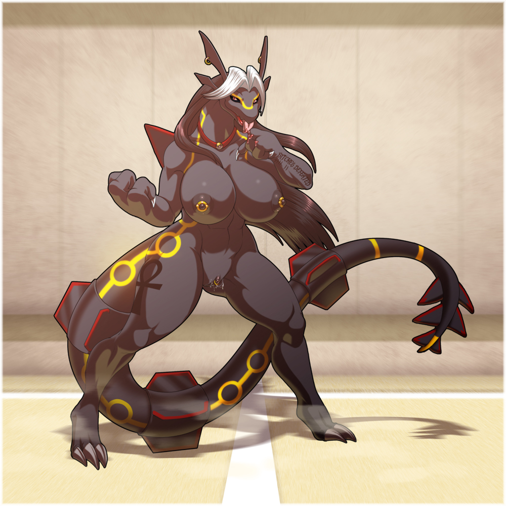 anthro, breasts, female, hair, huge breasts, large breasts, looking at viewer, nipple piercing, nipples, piercing, pokémon (species), pokemon, pokemon (species), pussy, rayquaza, shiny pokemon, shiny rayquaza, two-tone hair, vaginal piercing, wide hips