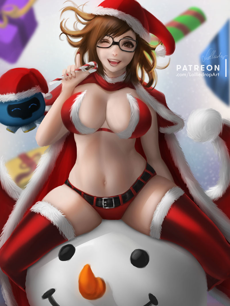 1girls, asian, christmas, chubby, curvy, female, glasses, lingerie, lolliedrop, mei (overwatch), overwatch, santa hat, snowball (overwatch), spread legs, thick thighs