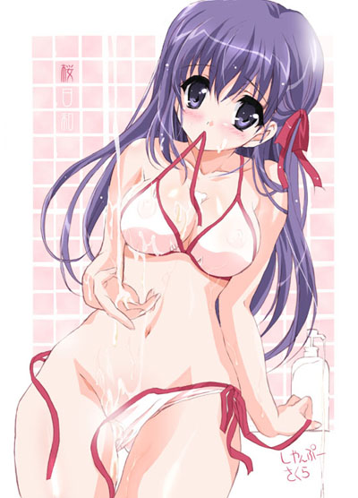 1girls bare_shoulders bath bikini blush breasts fate/stay_night fate_(series) female hair_ribbon long_hair matou_sakura midriff mouth_hold navel nipples purple_eyes purple_hair ribbon see-through shaa side-tie_bikini solo swimsuit type-moon undressing wet