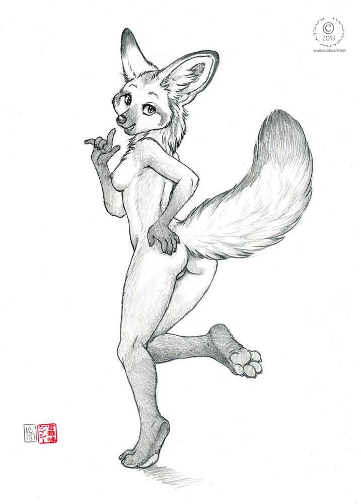 2013 4_toes 5_fingers anthro ass barefoot bat-eared_fox breasts canine claws female female_only fox fur furry_ass furry_breasts furry_ears greyscale hair hand_on_ass kacey looking_at_viewer looking_back mammal monochrome nipples nude on_one_foot open_eyes open_mouth paws pussy raised_tail short_hair smile solo standing white_background