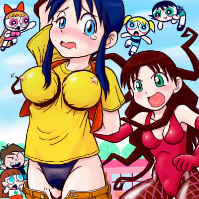 azumanga_daiou blossom_(powerpuff_girls) bubbles_(powerpuff_girls) buttercup_(powerpuff_girls) chiyo_mihama clothing cosplay crossover elbow_gloves erect_nipples erect_nipples_under_clothes female gloves hair_tentacles human latex latex_gloves mochi-iri_kinchaku ms._keane nyamo_minamo_kurosawa panties powerpuff_girls sedusa straight_hair tomo_takino yukari_tanizaki yuri