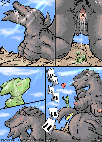 anthro blush comic couple female godzilla macro micro pregnant pussy_juice pussy_juice_drip scalie size_difference zidanerfox