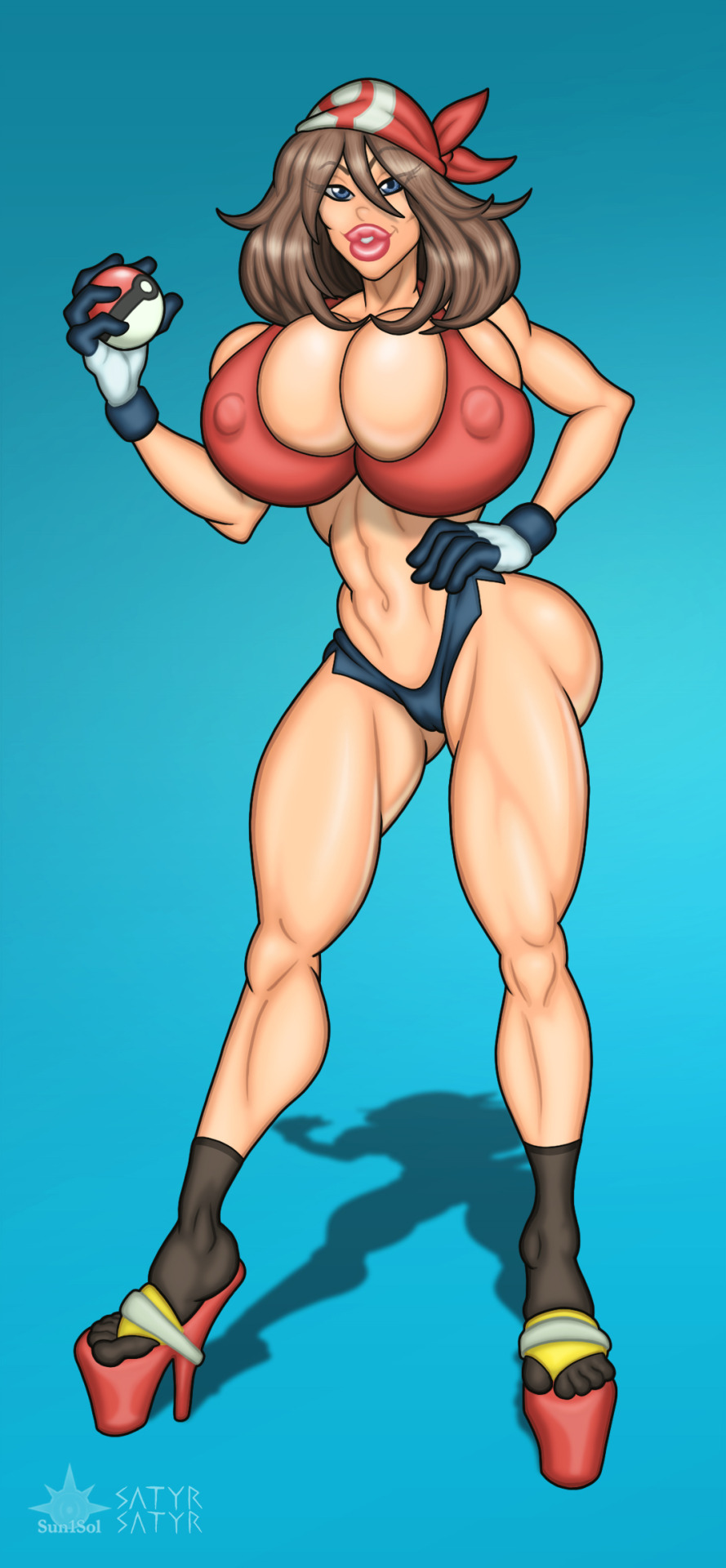 1girls, aged up, alternate version available, arms up, artist name, ass, bandana, big ass, big breasts, bimbo, blue eyes, blue gloves, breasts, brown hair, busty, cleavage, curvy, denim, denim shorts, erect nipple, erect nipples, eyelashes, female, female only, front view, gloves, hand on hips, hands on hip, hands on hips, high heels, holding object, hourglass figure, huge ass, human, human only, legwear, looking at viewer, may (pokemon), midriff, nipple bulge, nipples, older, pokemon, pose, posing, satyrsatyr, shadow, short hair, short shorts, shorts, simple background, socks, standing, sun1sol, teenager, text, thick lips, thong, voluptuous, wide hips