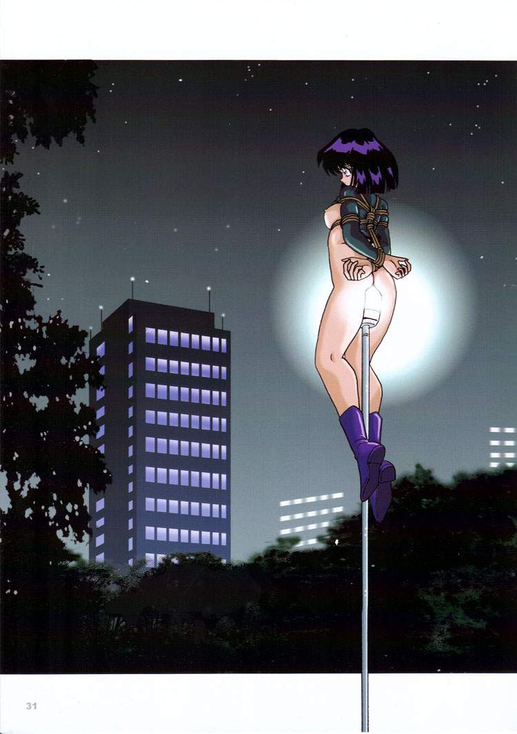 2001 bishoujo_senshi_sailor_moon black_hair bob_cut bondage boots bottomless box_tie breast_bondage breasts female female_only hotaru_tomoe lightbulb moon night nipples no_bra no_panties rope shibari shirt_lift short_hair sideboob solo straight_hair thirty_saver_street tied_up topless