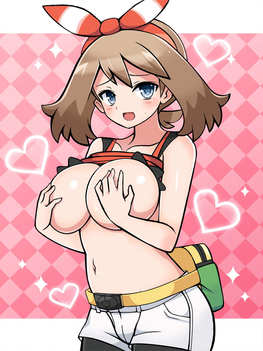 bag, belt, bike shorts, blue eyes, blush, breasts, brown hair, chro, cleavage, covering breasts, covering nipples, fanny pack, female, female only, hair ribbon, heart, highres, human, human only, large breasts, looking at viewer, may (pokemon oras), may (pokemon), nintendo, open mouth, pokemon, pokemon oras, ribbon, self fondle, shiny, shiny skin, shirt, shirt lift, short shorts, shorts, sleeveless, sleeveless shirt, solo, sparkle, two side up, voluptuous