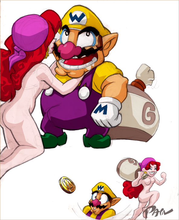 ass bandana breasts captain_syrup clothed_male_nude_female coin curly_hair drooling duo female gold_coin human kiss kissing kneeling long_hair male mario_(series) medium_breasts nintendo nude pain-hyena red_hair redhead sideboob standing surprised wario wario_land wario_land:_shake_it! white_background