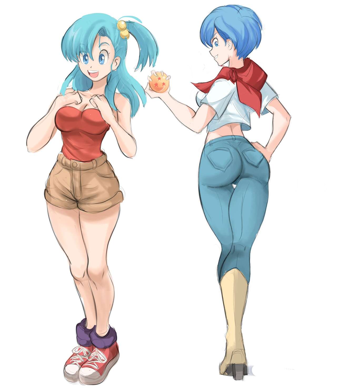 1girls, ass, blue eyes, blue hair, breasts, bulma briefs, cleavage, dragon ball, dragon ball (classic), dragon ball super, dragon ball z, female, looking at viewer, looking back, rakeemspoon, teenage bulma