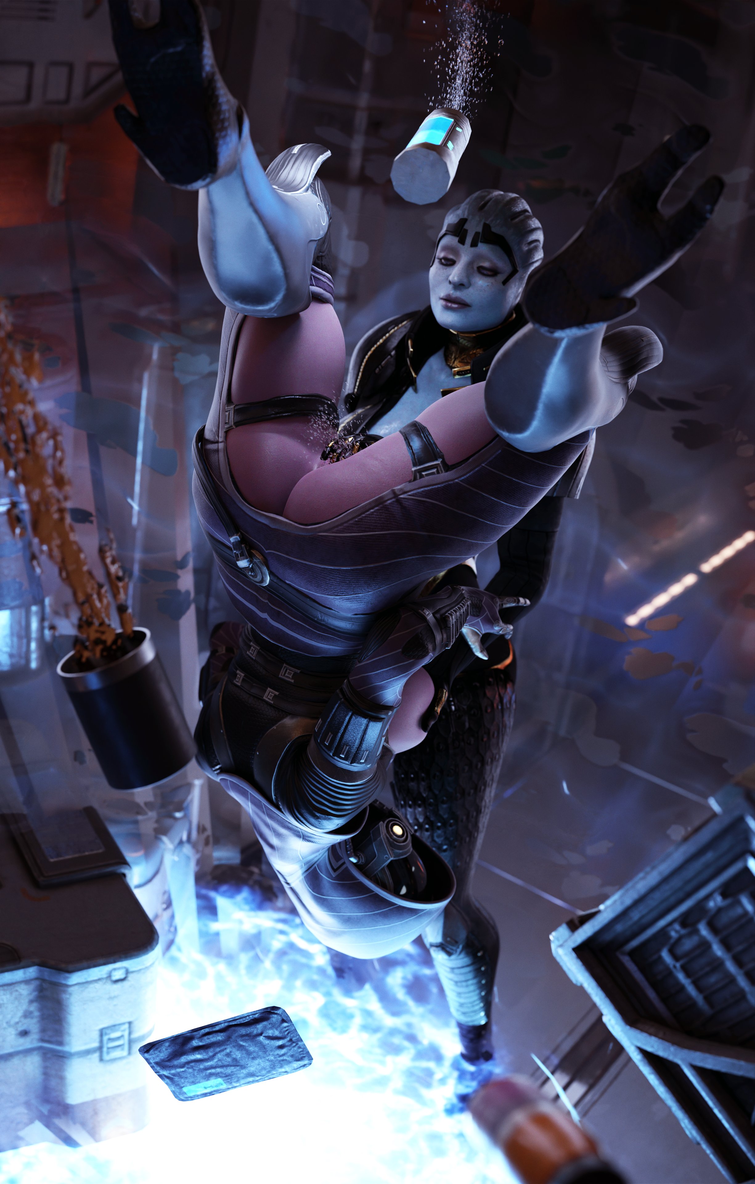 2girls, 3d, alternate version available, asari, ass, blue skin, bodysuit, breasts, clothed masturbation, clothing, dinoboy555, female, floating, glowing eyes, grabbing breasts, helmet, hood, mask, mass effect, masturbation, purple skin, pussy, quarian, rubbing pussy, samara, squirting, thick ass, upside-down, yuri