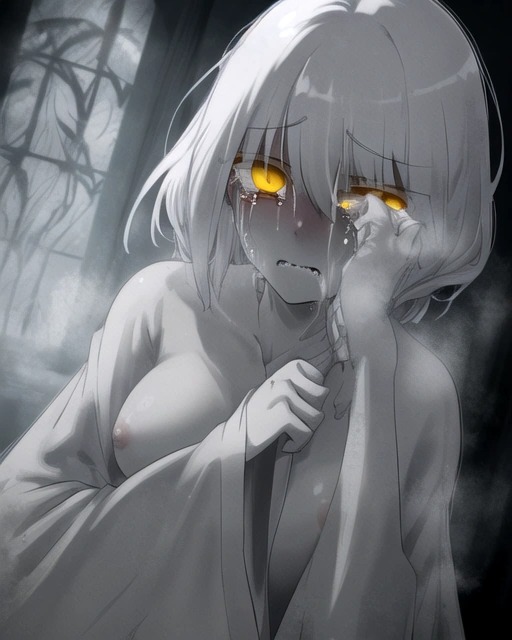 ai_generated crying fog foggy foggy_background ghost ghost_girl haunted_house original_character pink_nipples tears tears_in_eyes white_hair yellow_eyes