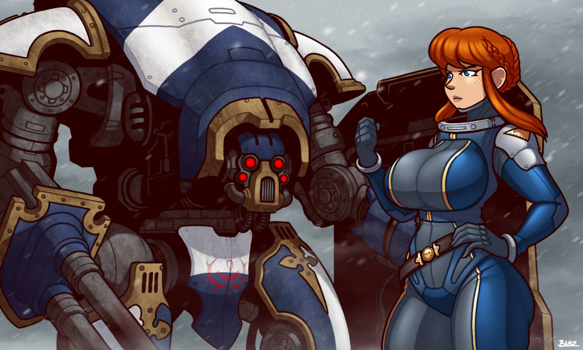 1girls big_breasts blazbaros female female_only freckles freckles_on_face gun imperial_knight imperium_of_man latex latex_suit machine mecha orange_hair red_hair shield skin_tight skin_tight_outfit skin_tight_suit snow snowing snowing_outside solo solo_female warhammer_(franchise) warhammer_40k weapon