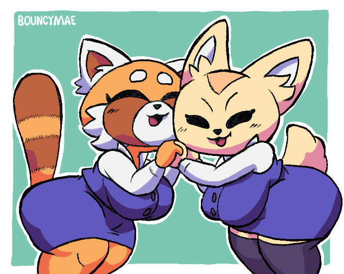 aggressive_retsuko aggretsuko ailurid animated anthro beady_eyes big_breasts black_eyes blue_bottomwear blue_clothing blue_skirt blue_topwear blush blush_lines bottomwear bouncing_breasts bouncymae breasts brown_body brown_fur canid canine cheek_tuft closed_eyes clothed clothing cute duo eyelashes facial_tuft female female_only fennec fenneko fox fur green_background hand_holding huge_breasts legwear looking_at_viewer mammal markings open_mouth orange_body orange_fur purple_clothing purple_legwear purple_thigh_highs red_panda retsuko sanrio shirt short_playtime simple_background skirt striped_markings striped_tail stripes tail tail_markings tan_body tan_fur thick_thighs thigh_highs topwear tuft white_background white_body white_clothing white_fur white_shirt white_topwear wholesome wide_hips