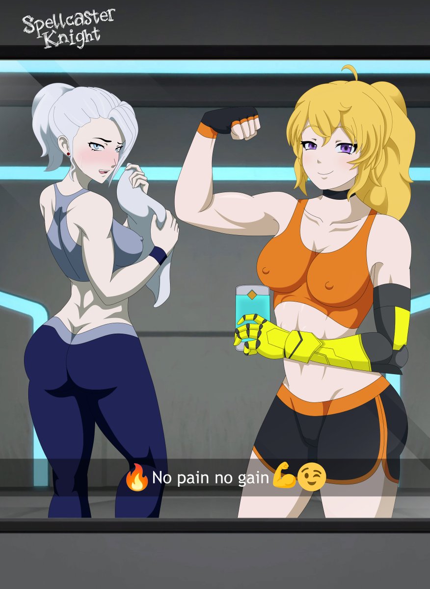 2girls ass blonde_female blonde_hair blue_eyes dat_ass flexing flexing_bicep muscular muscular_female nipples_visible_through_clothing older_sister ponytail purple_eyes robotic_arm rwby showing_ass showing_off spellcaster_knight tank_top white_hair white_hair_female winter_schnee yang_xiao_long yoga_pants