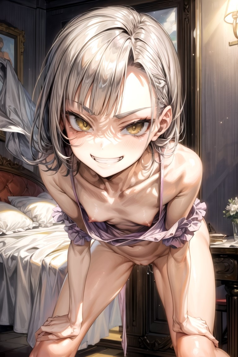 1girls ai_generated bent_over down_blouse evil_grin flat_chest grin leaning_forward naked naked_female naughty_face pale_skin petite pussy short_hair skinny small_breasts smug white_hair