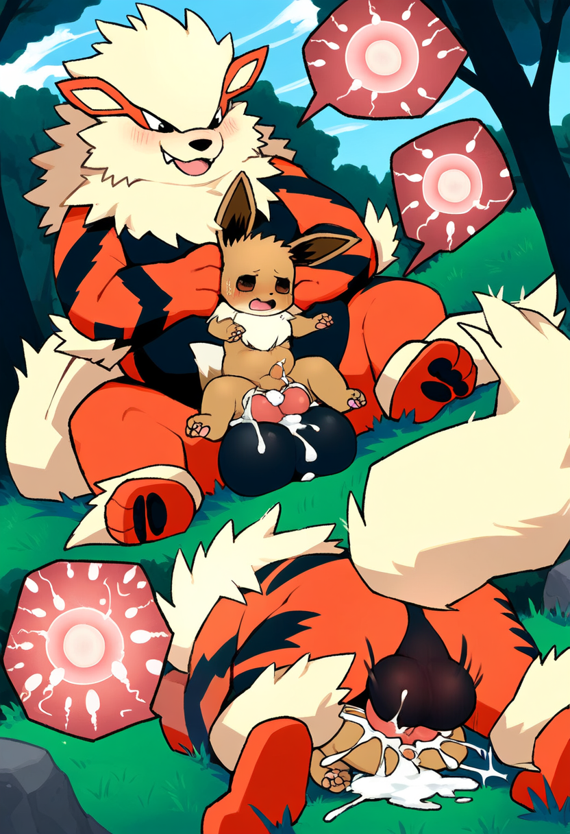 ai_generated arcanine breeding cum_inside eevee impregnation knot knotted_penis knotting mating_press novelai ovum pokemon size_difference sperm_cell sperm_meets_ovum yaoi