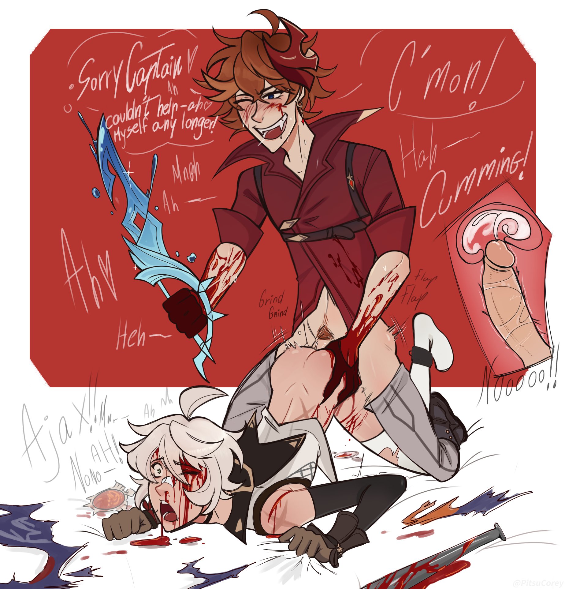 bennett (genshin impact), blood, childe (genshin impact), cum in uterus, cuntboy, cuts, forced, gay, genshin impact, gore, injured, intersex, knife, male, pitsucorey, rape, tartaglia (genshin impact), weapon, x-ray, yaoi