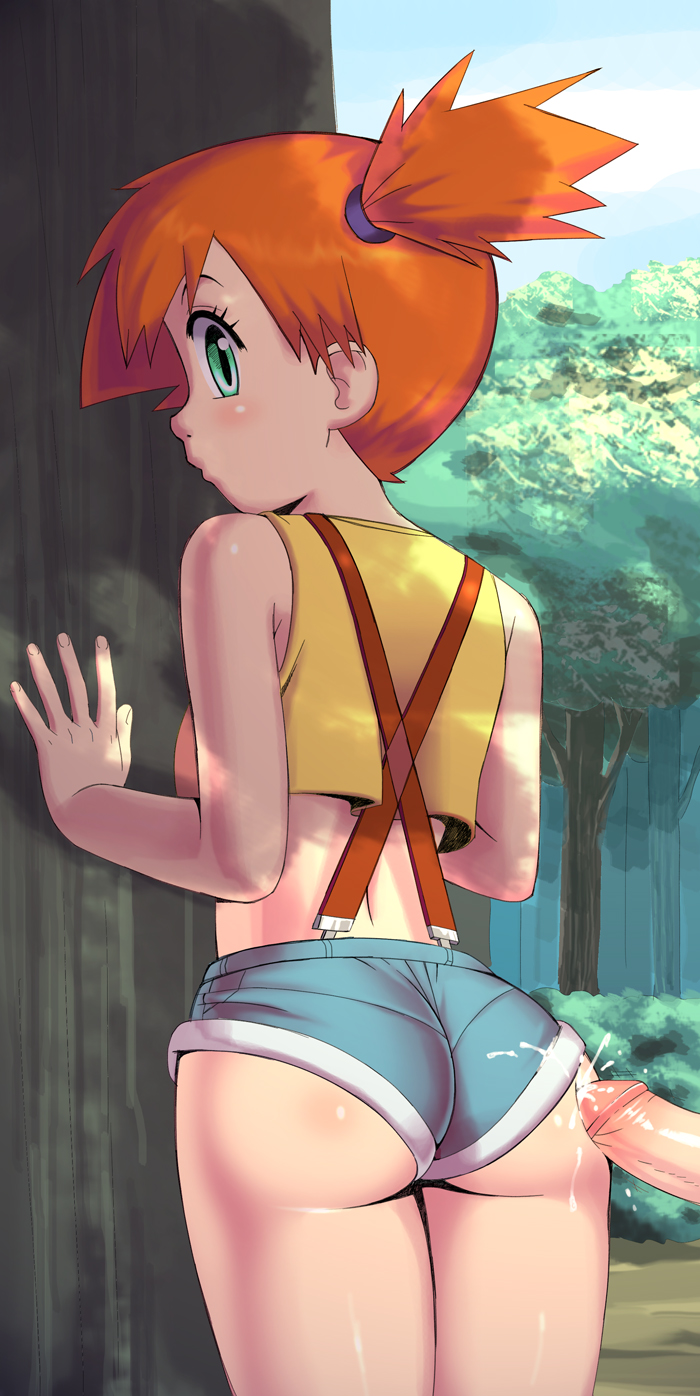 1girls against_tree apostle ass bubble_butt cum cum_on_ass cumshot ginger green_eyes human human_only jean_shorts kasumi_(pokemon) misty nintendo offscreen_character orange_hair pale_skin penis pokemon red_hair short_orange_hair shorts thighs tomboy