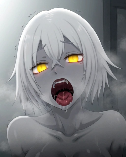 ai_generated fog foggy foggy_background ghost ghost_girl ghostly haunted_house open_mouth original_character sharp_teeth white_hair yellow_eyes